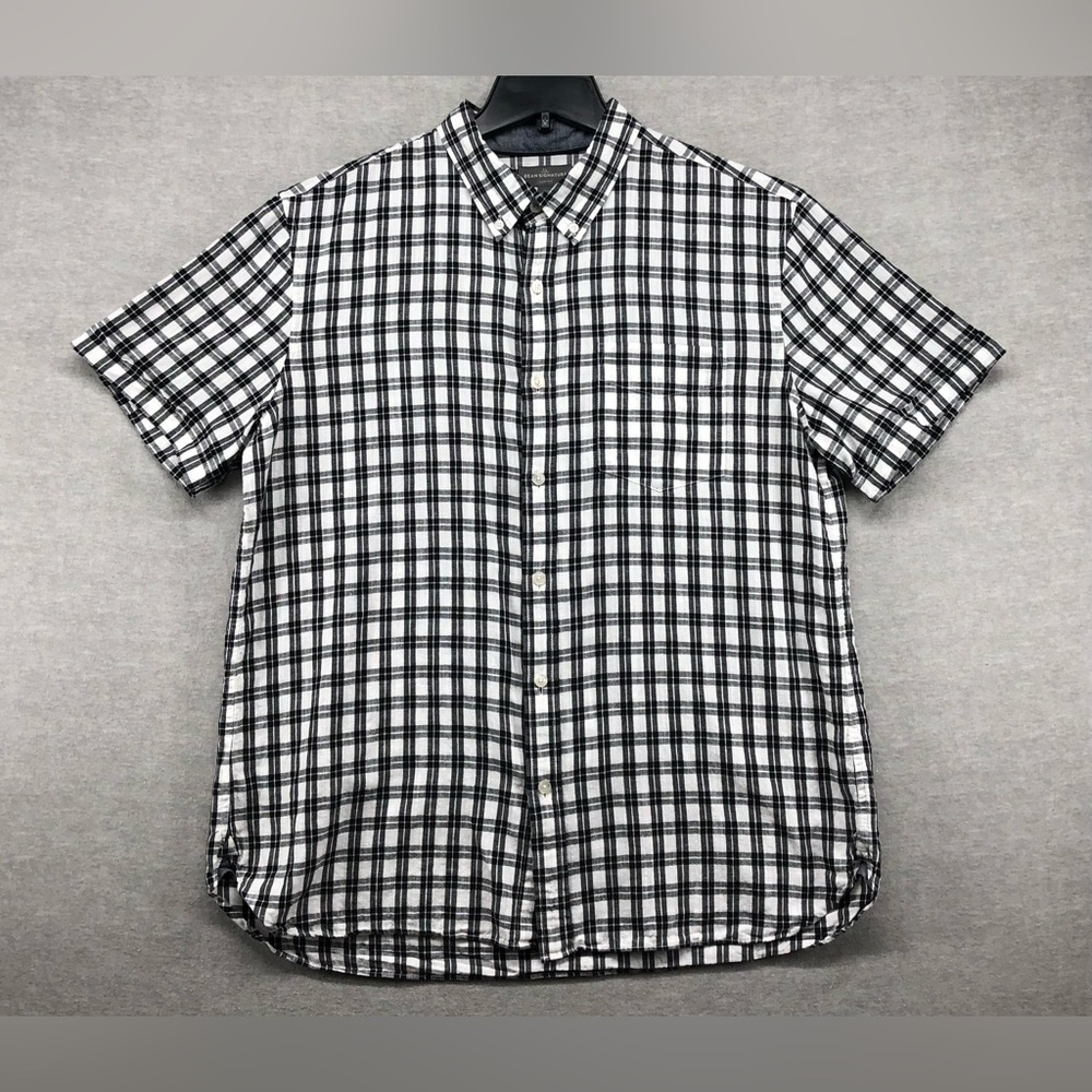 LL Bean Signature Slim Fit Linen Short Sleeve Shirt Men Size L Black/White Plaid